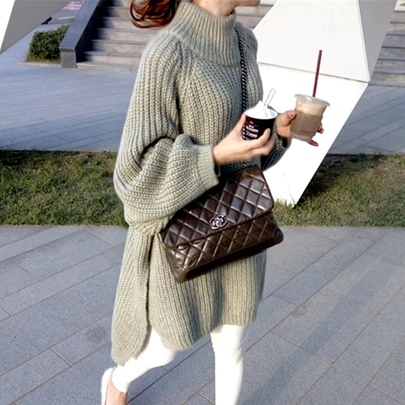Oversized Women's Thick Long Sweater with Lantern Sleeves and Side Slit - Half Turtleneck Pullover for Autumn and Winter