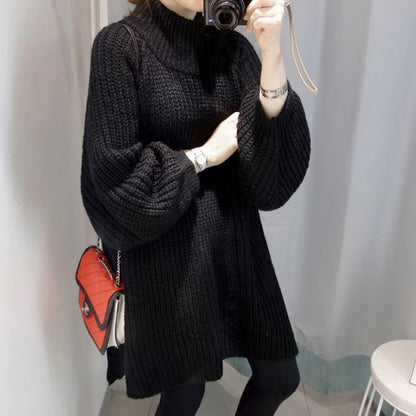 Oversized Women's Thick Long Sweater with Lantern Sleeves and Side Slit - Half Turtleneck Pullover for Autumn and Winter