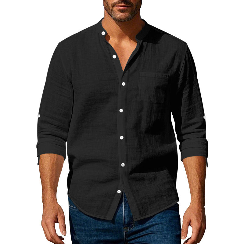 Long Sleeve Stand Collar Shirt With Pockets Casual Men's Clothing - Zenvuxe
