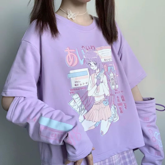 Harajuku Anime Hoodies Alt Kawaii Girls Fake Two Piece Top Striped Long Sleeve Y2K Pullover BF Korean Japanese Sweatshirt Teens