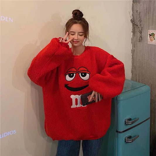 Faux Lamb Wool Hoodies Sweatshirts Women O Neck Cartoon Letter Sweatshirts Long Sleeve Loose Pullocver Outwear