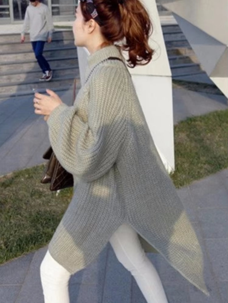 Oversized Women's Thick Long Sweater with Lantern Sleeves and Side Slit - Half Turtleneck Pullover for Autumn and Winter