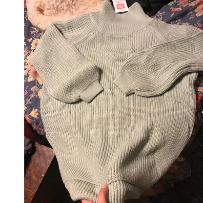 Oversized Women's Thick Long Sweater with Lantern Sleeves and Side Slit - Half Turtleneck Pullover for Autumn and Winter