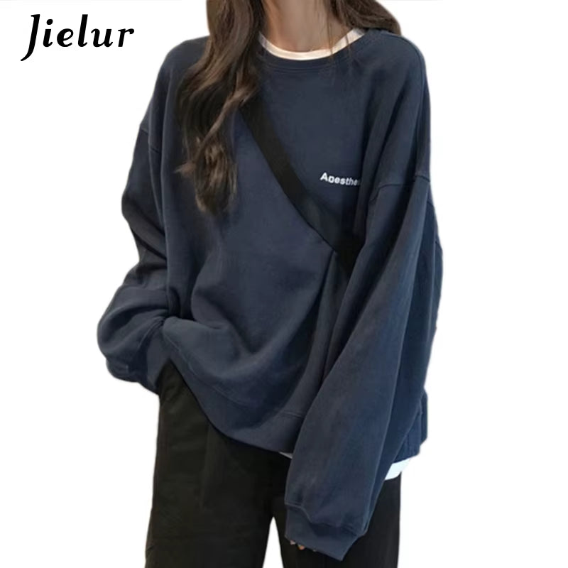New Kpop Letter Hoody Fashion Korean Thin Chic Women'S Sweatshirts Cool Navy Blue Gray Hoodies for Women M-XXL