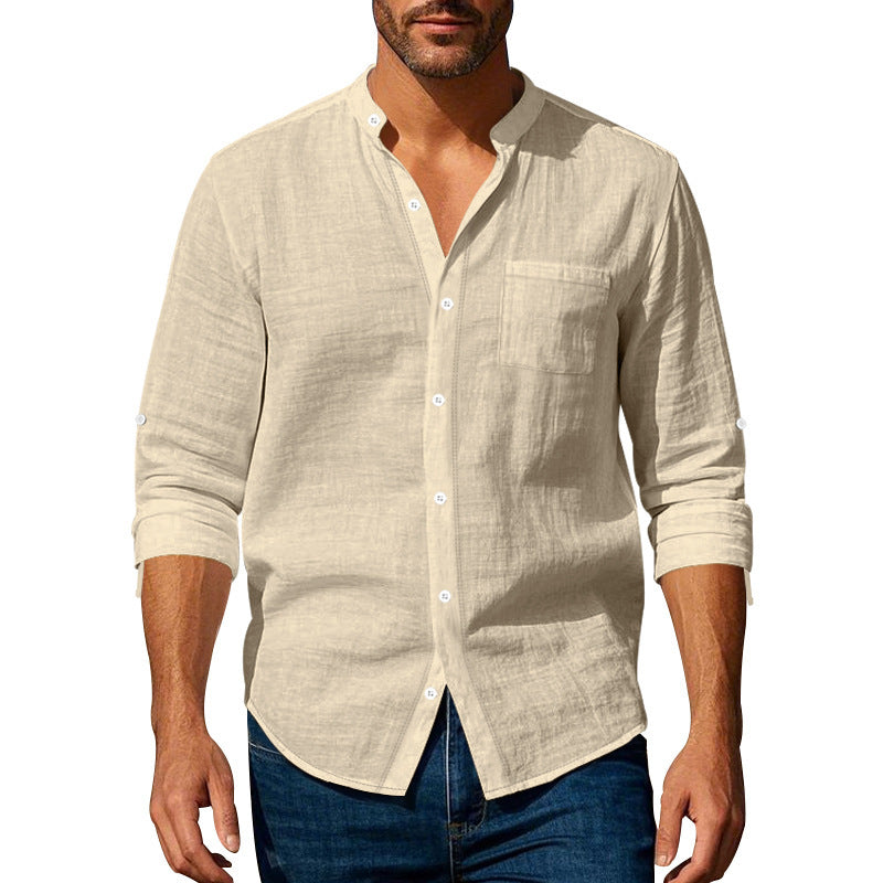 Long Sleeve Stand Collar Shirt With Pockets Casual Men's Clothing - Zenvuxe