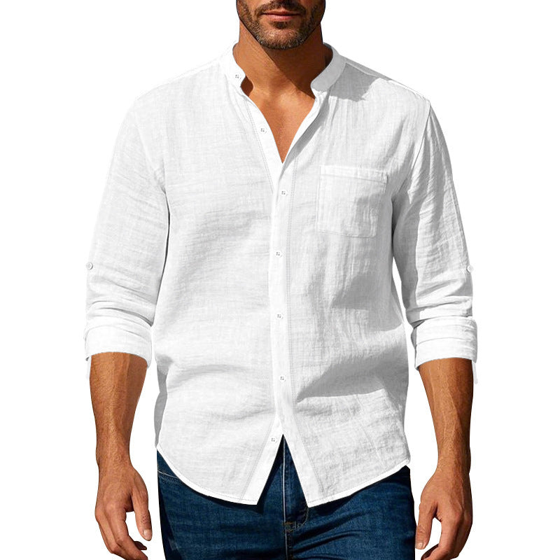 Long Sleeve Stand Collar Shirt With Pockets Casual Men's Clothing - Zenvuxe