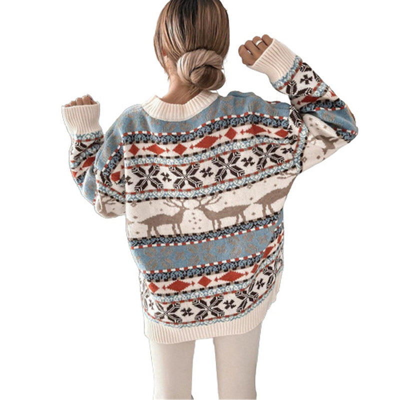 Women'S Fashion round Neck Loose Christmas Theme Jacquard Long Sleeve Sweater