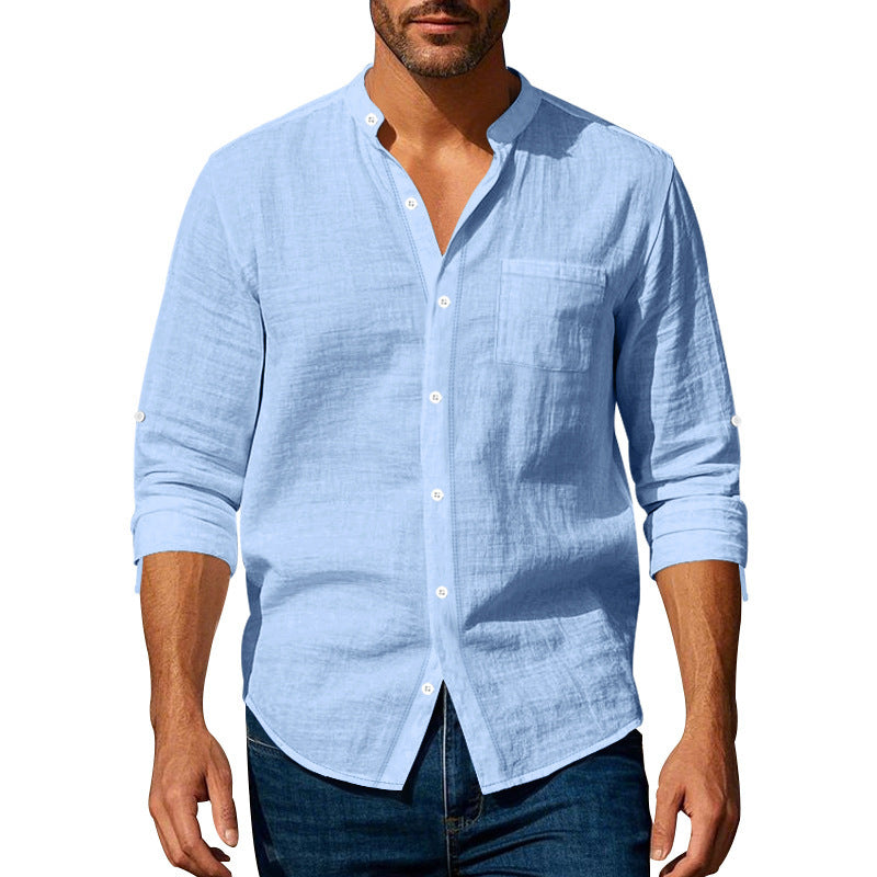 Long Sleeve Stand Collar Shirt With Pockets Casual Men's Clothing - Zenvuxe
