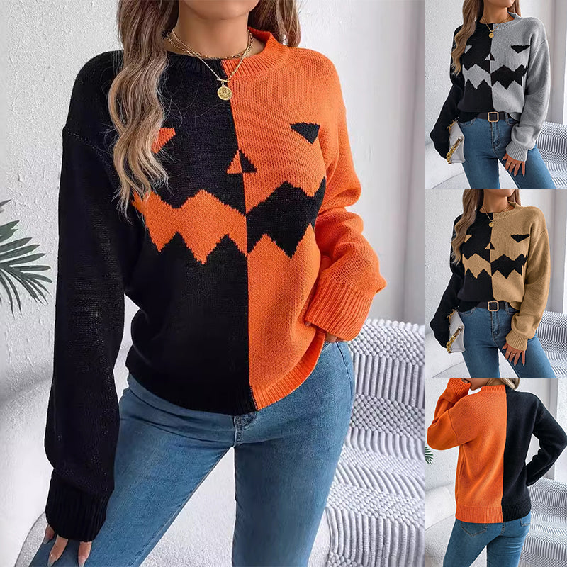 Halloween Contrast-Color Pullover Sweater Fashion Long Sleeve Knitted Tops for Womens Clothing