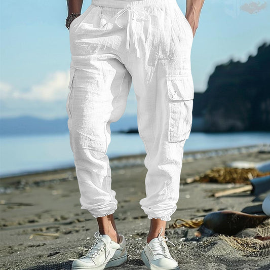 Mens Casual Cotton-Linen Pants With Multiple Pockets And A Drawstring - Zenvuxe