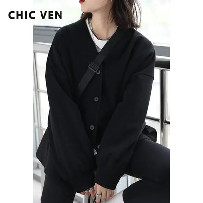Korean Women'S Sweatshirts Solid Plush Thick Warm Loose Casual Female Tops Office Lady Coats Jacket Autumn Winter 2023