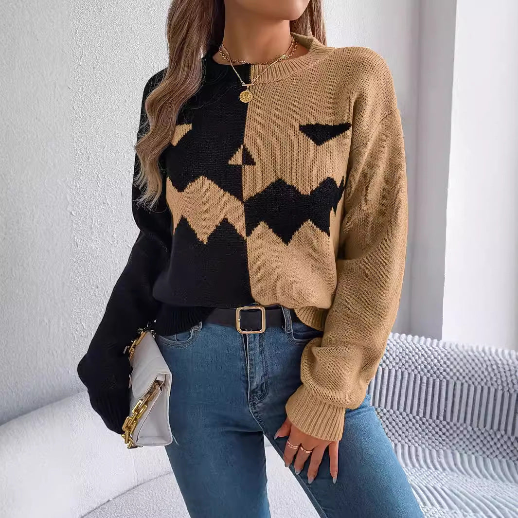 Halloween Contrast-Color Pullover Sweater Fashion Long Sleeve Knitted Tops for Womens Clothing