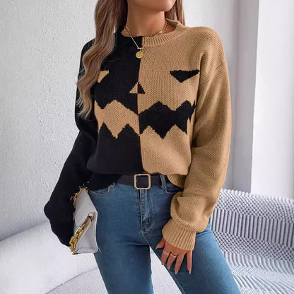 Halloween Contrast-Color Pullover Sweater Fashion Long Sleeve Knitted Tops for Womens Clothing