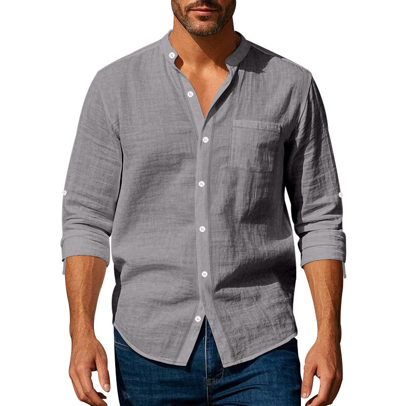 Long Sleeve Stand Collar Shirt With Pockets Casual Men's Clothing - Zenvuxe
