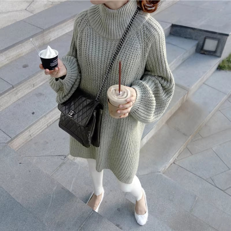 Oversized Women's Thick Long Sweater with Lantern Sleeves and Side Slit - Half Turtleneck Pullover for Autumn and Winter