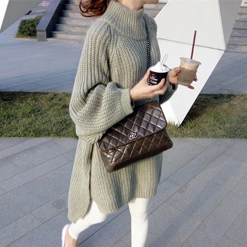 Oversized Women's Thick Long Sweater with Lantern Sleeves and Side Slit - Half Turtleneck Pullover for Autumn and Winter