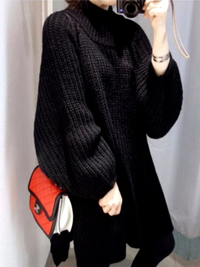 Oversized Women's Thick Long Sweater with Lantern Sleeves and Side Slit - Half Turtleneck Pullover for Autumn and Winter