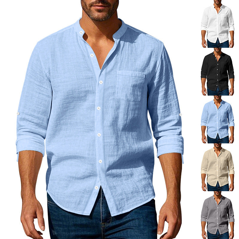 Long Sleeve Stand Collar Shirt With Pockets Casual Men's Clothing - Zenvuxe