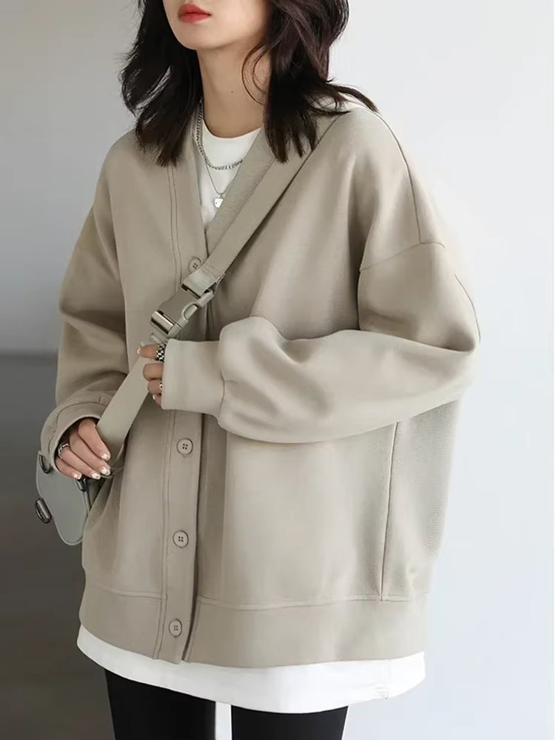 Korean Women'S Sweatshirts Solid Plush Thick Warm Loose Casual Female Tops Office Lady Coats Jacket Autumn Winter 2023