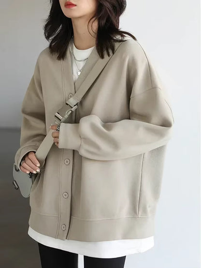 Korean Women'S Sweatshirts Solid Plush Thick Warm Loose Casual Female Tops Office Lady Coats Jacket Autumn Winter 2023
