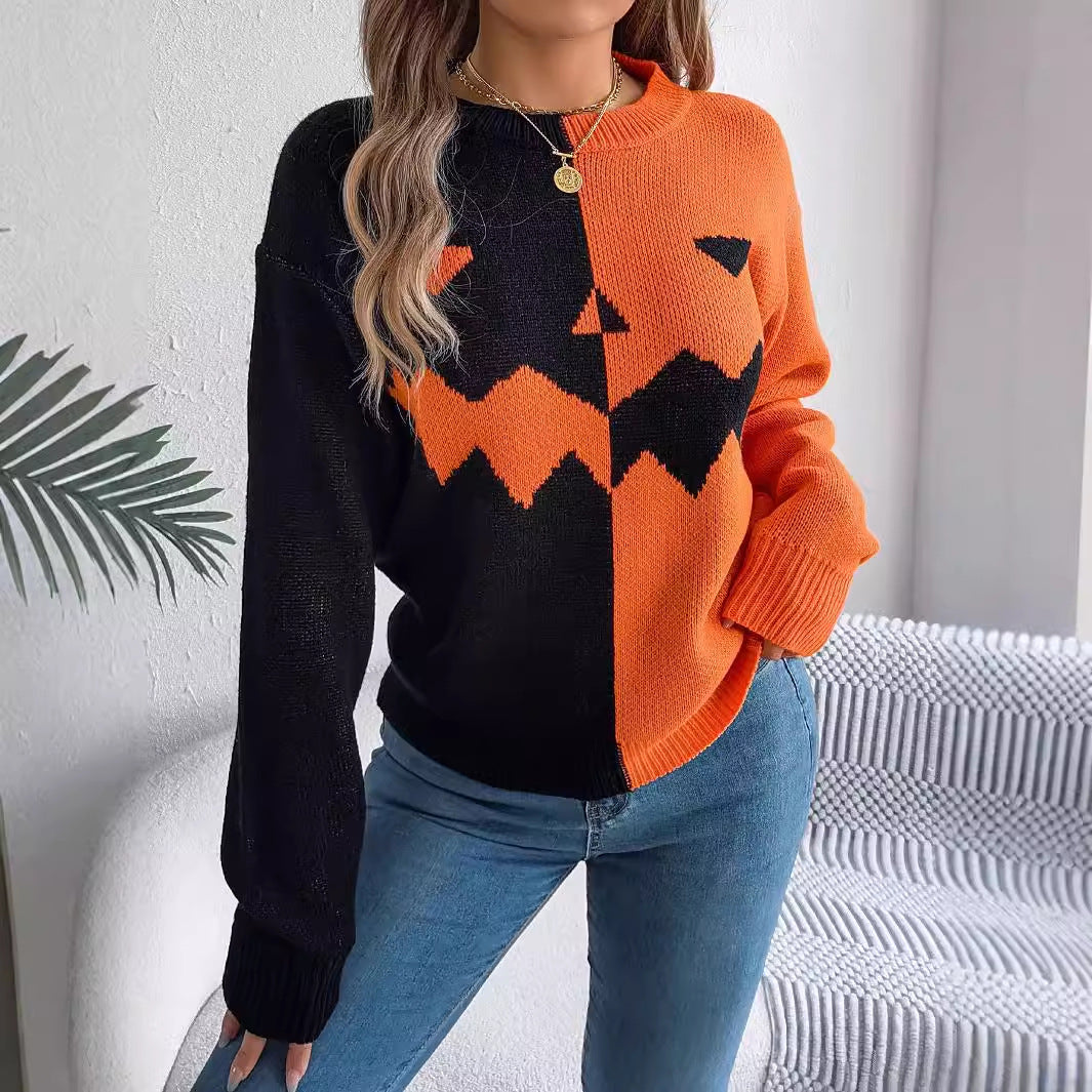 Halloween Contrast-Color Pullover Sweater Fashion Long Sleeve Knitted Tops for Womens Clothing