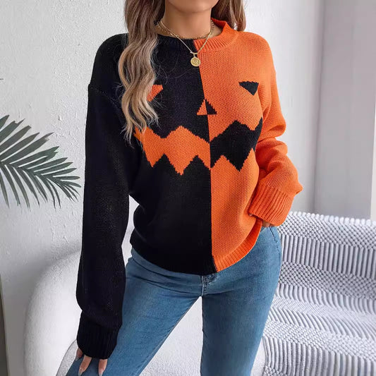 Halloween Contrast-Color Pullover Sweater Fashion Long Sleeve Knitted Tops for Womens Clothing