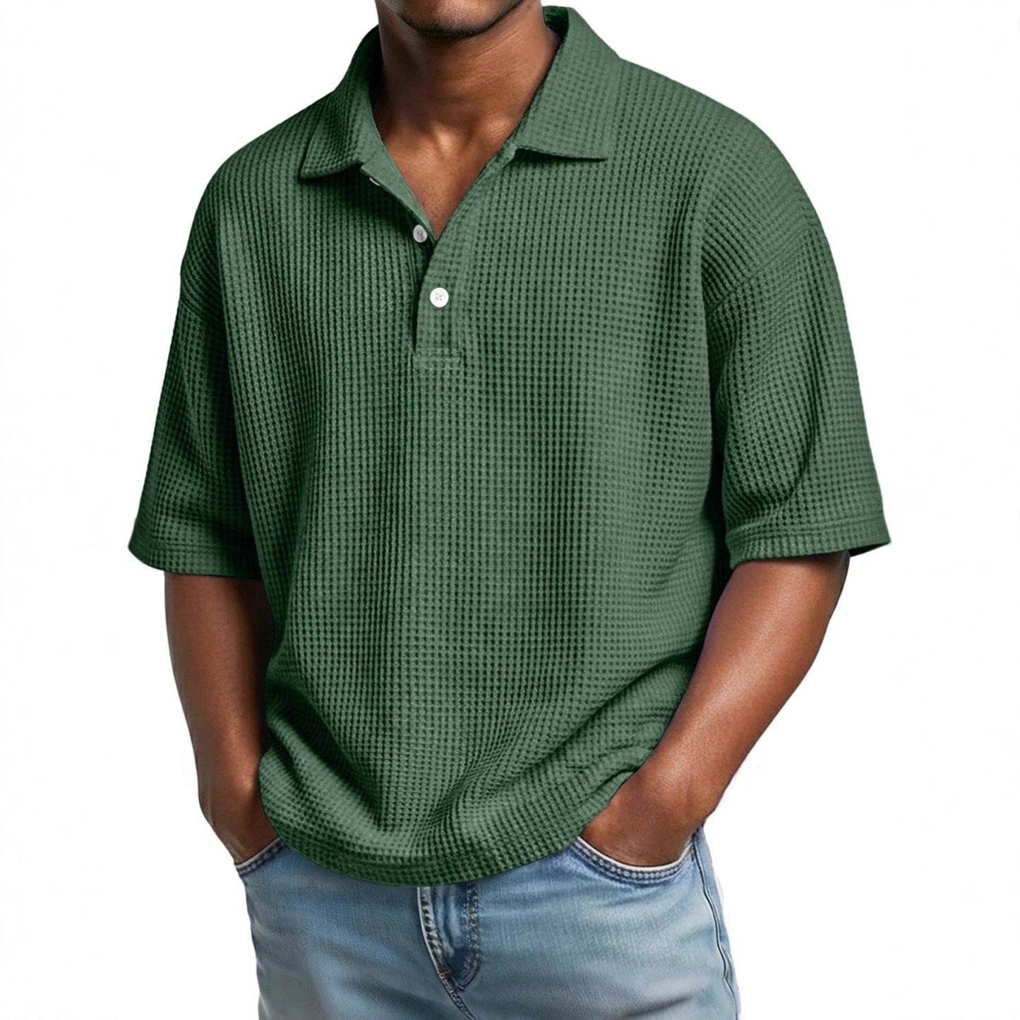 Mens Minimalist Basic Waffle-knit Button-up Collar Top - Zenvuxe