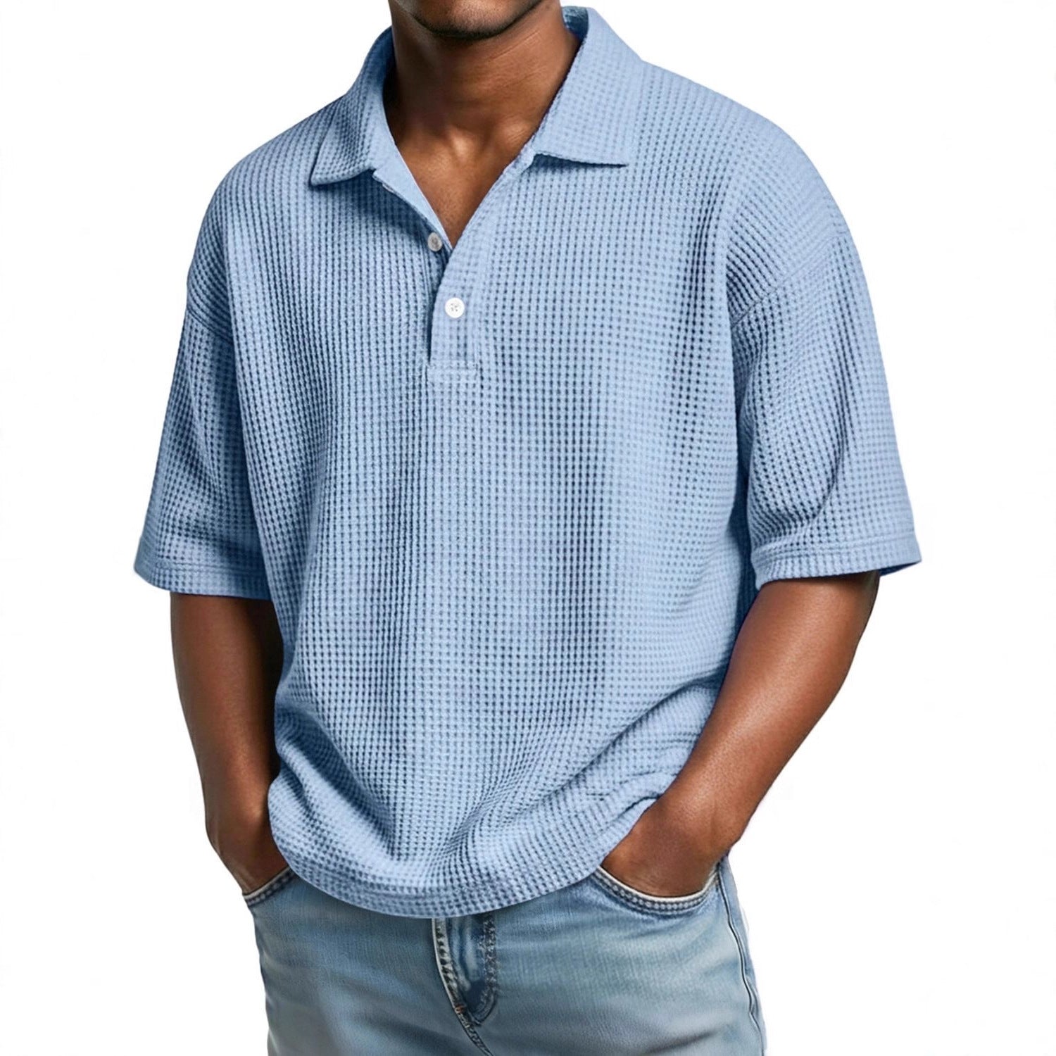 Mens Minimalist Basic Waffle-knit Button-up Collar Top - Zenvuxe