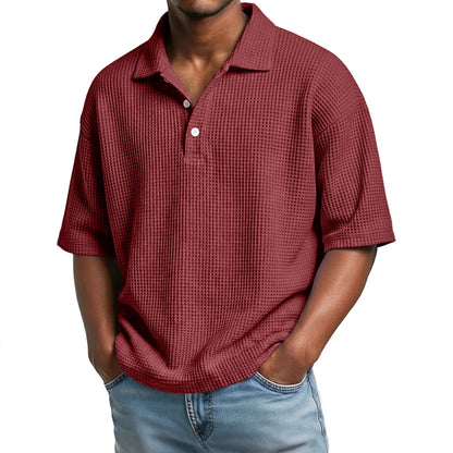 Mens Minimalist Basic Waffle-knit Button-up Collar Top - Zenvuxe