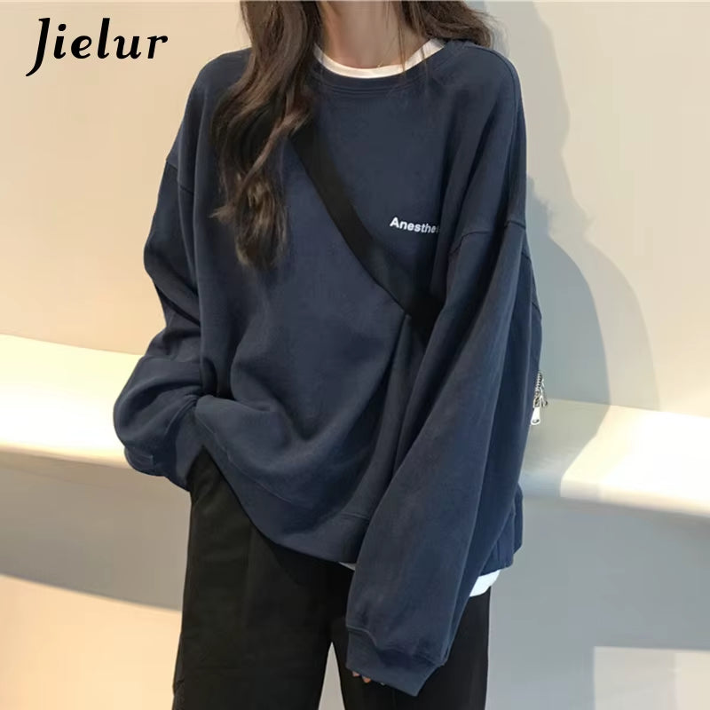 New Kpop Letter Hoody Fashion Korean Thin Chic Women'S Sweatshirts Cool Navy Blue Gray Hoodies for Women M-XXL