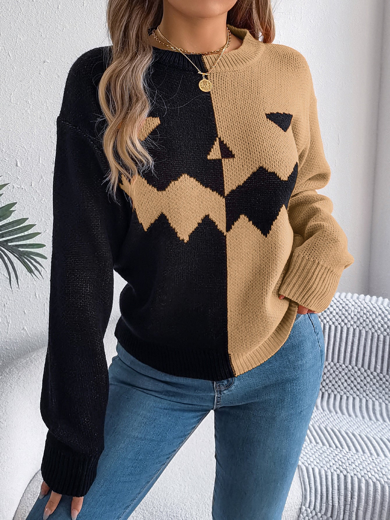 Halloween Contrast-Color Pullover Sweater Fashion Long Sleeve Knitted Tops for Womens Clothing