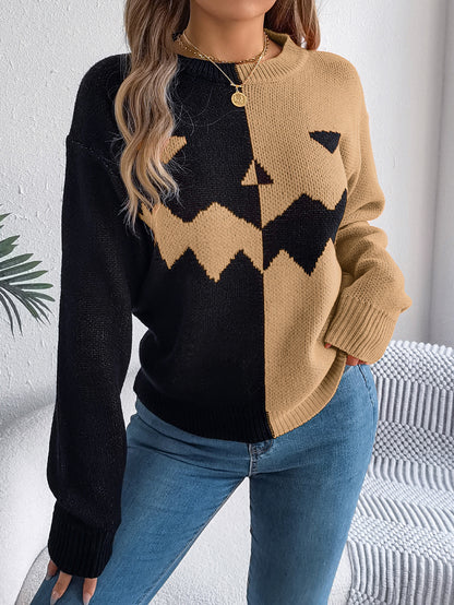 Halloween Contrast-Color Pullover Sweater Fashion Long Sleeve Knitted Tops for Womens Clothing