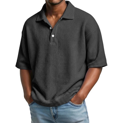 Mens Minimalist Basic Waffle-knit Button-up Collar Top - Zenvuxe