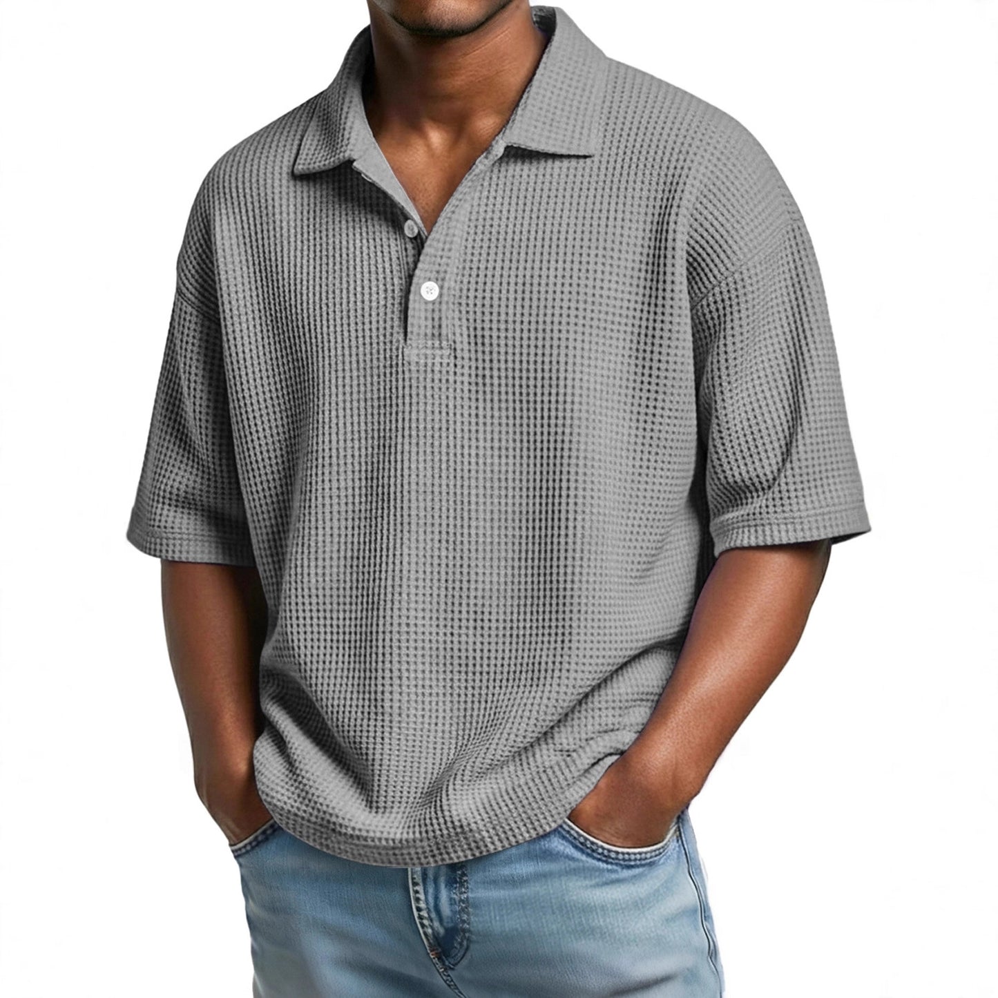 Mens Minimalist Basic Waffle-knit Button-up Collar Top - Zenvuxe